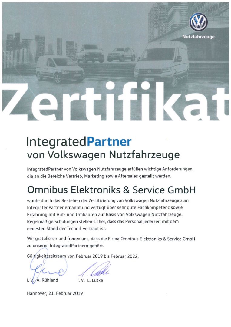 Zertifikat VW NFZ Integrated Partner